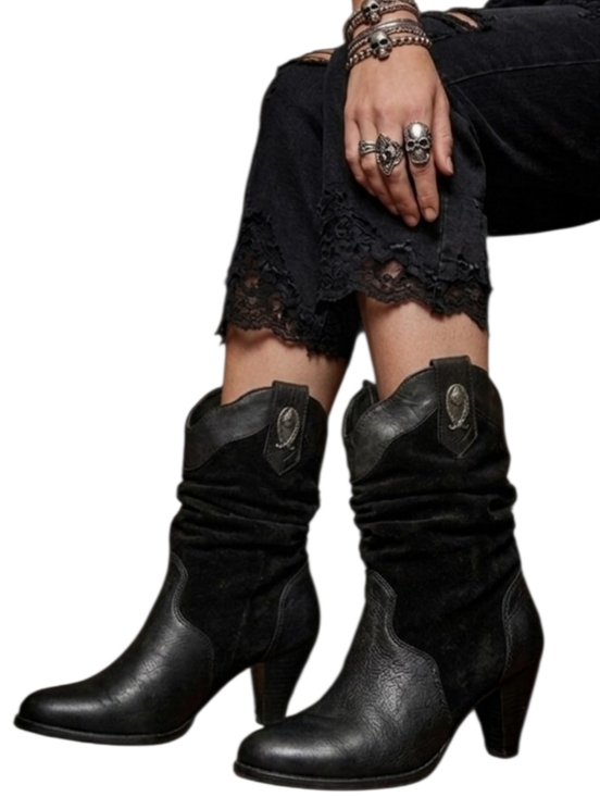 Coasters Shoes - Coastal Black Leather Western Festival Slouch Boots | Metal Toe Rand | Size 8.5